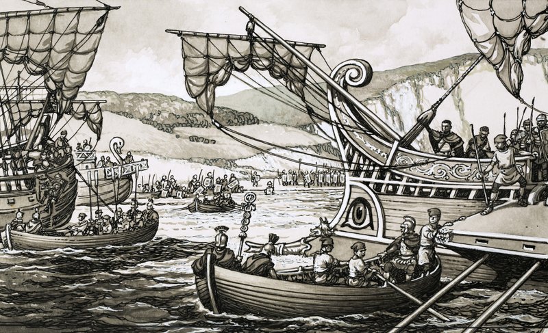 Los romanos de Julio César desembarcaron en Dover en el año 55 a.C. tras una dura lucha... de Pat (1907-95) Nicolle