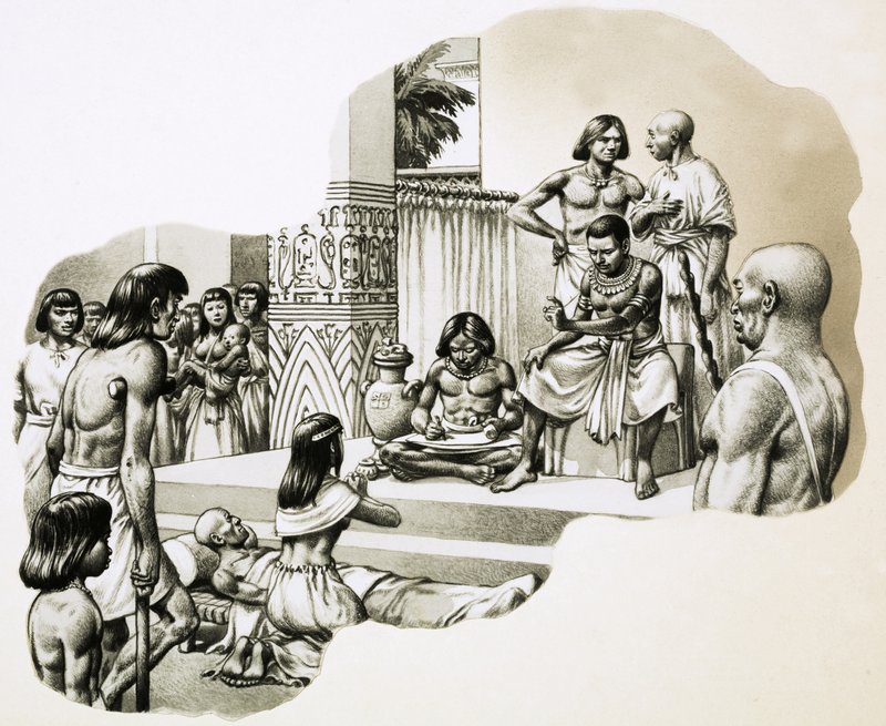 El "buen médico" Imhotep dando consejos a un enfermo de Pat (1907 95) Nicolle