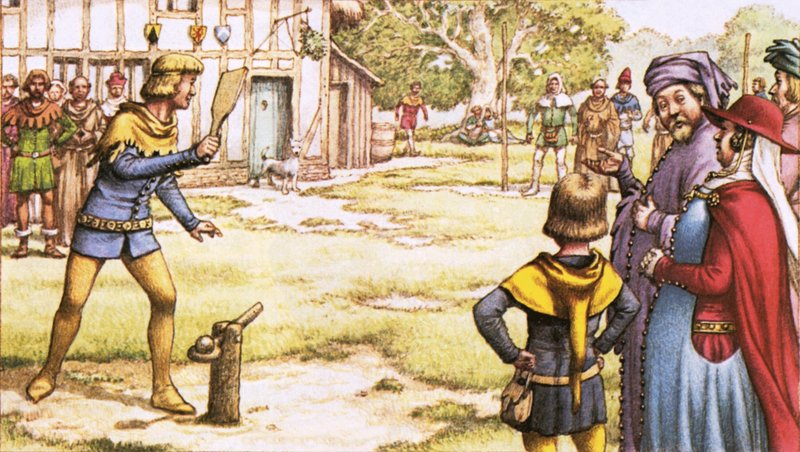 Trap-ball, como podría haber sido visto por los peregrinos de Chaucer de Pat (1907-95) Nicolle
