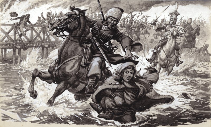 Un soldado cosaco intenta impedir que Aimee Ladoinski cruce el río Berezina (gouache sobre papel) de Pat (1907 95) Nicolle