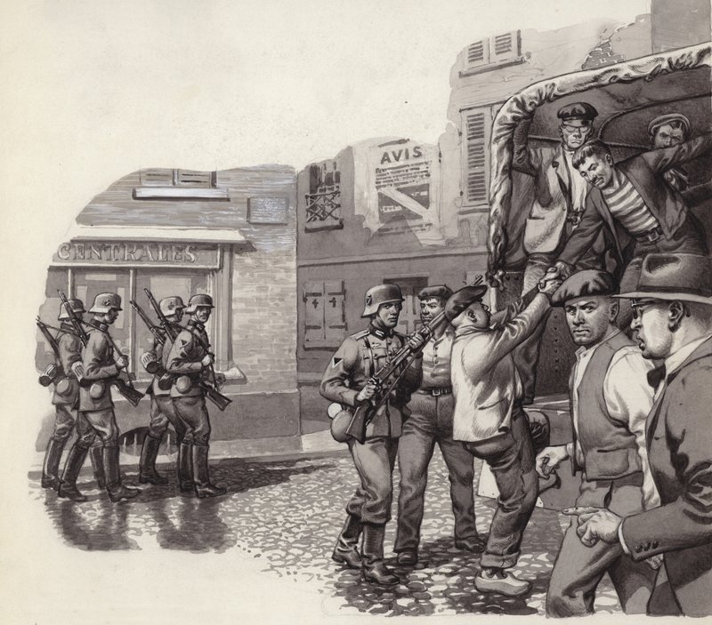 Un soldado alemán ayuda a escapar a unos prisioneros de un camión (gouache sobre papel) de Pat (1907 95) Nicolle