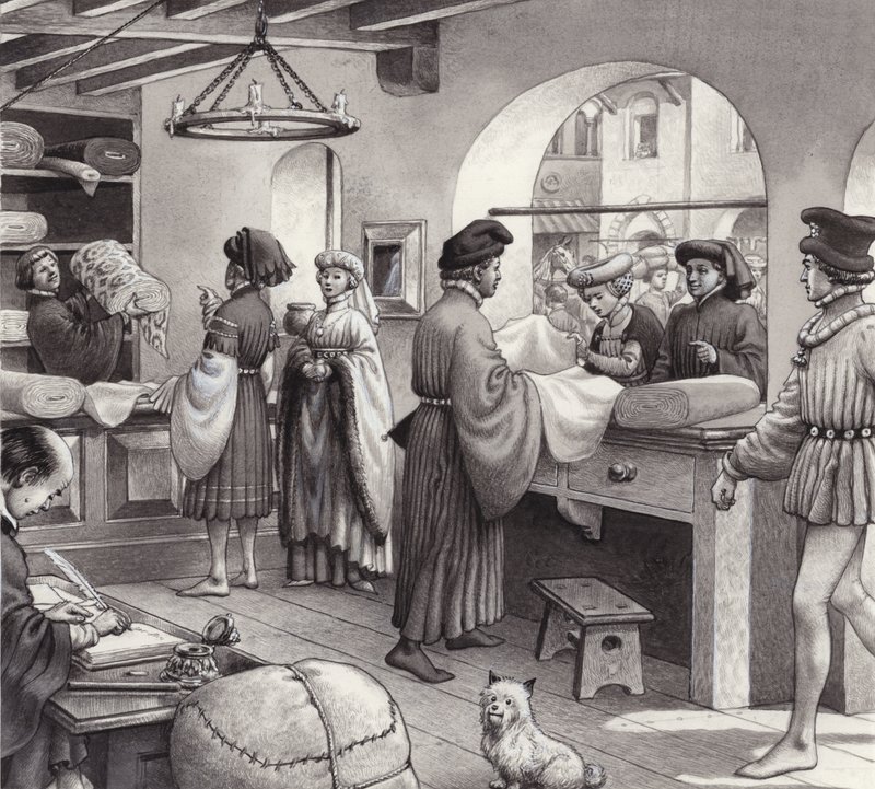 Una tienda de paños en la Italia del Renacimiento (gouache sobre papel) de Pat (1907 95) Nicolle