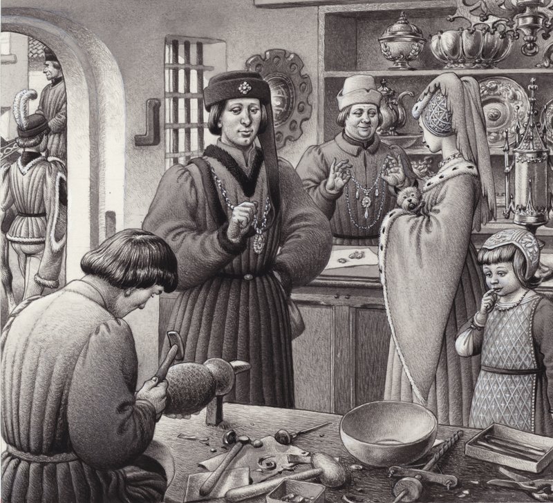 Una orfebrería en la Italia del siglo XV (gouache sobre papel) de Pat (1907 95) Nicolle