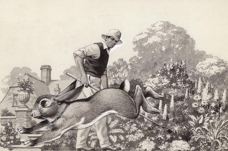 Un conejo corretea por un jardín con collar de gato (gouache sobre papel) de Pat (1907-95) Nicolle