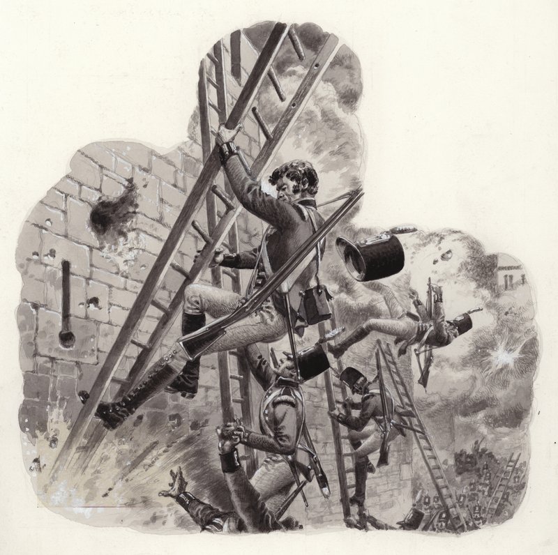Soldados británicos bajo el fuego de los franceses durante el ataque a Badajoz (gouache sobre papel) de Pat (1907 95) Nicolle