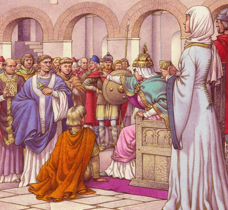 Brunehilda, reina de los burgundios, expulsa a Columbano (gouache sobre papel) de Pat (1907 95) Nicolle