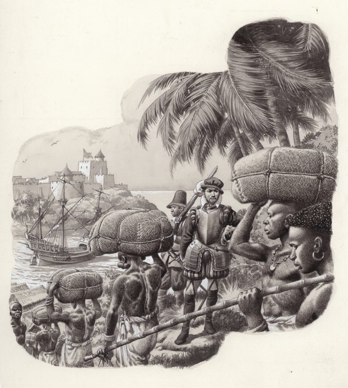 Castillo construido por comerciantes europeos en África Occidental (gouache sobre papel) de Pat (1907 95) Nicolle