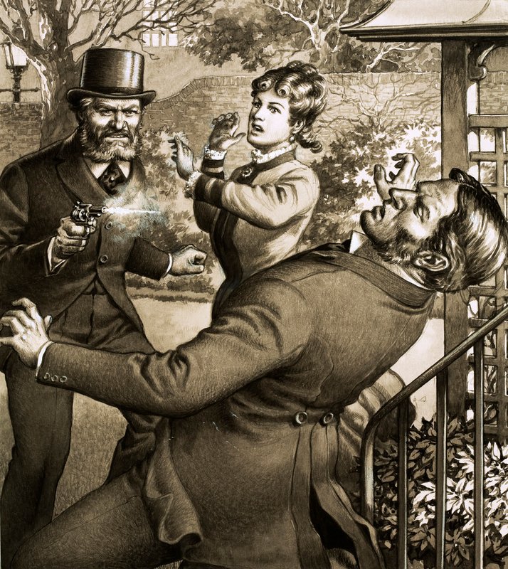 Charles Peace, el famoso ladrón y asesino, dispara a una de sus víctimas (gouache sobre papel) de Pat (1907 95) Nicolle