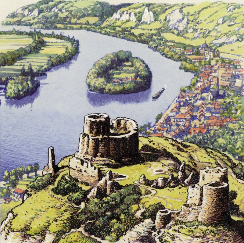 Chateau Gaillard, también conocido como el Castillo Nuevo de la Roca (gouache sobre papel) de Pat (1907 95) Nicolle