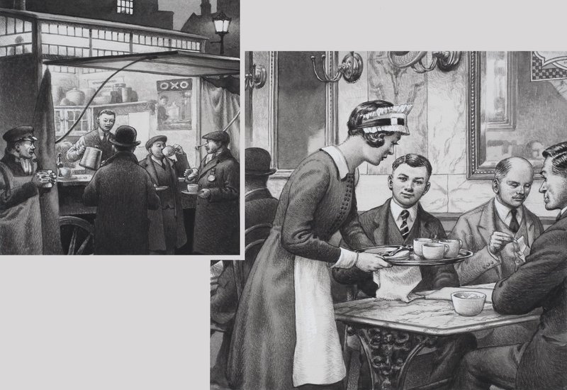 Edwardian Coffee Stall and Teashop (gouache sobre papel) de Pat (1907 95) Nicolle