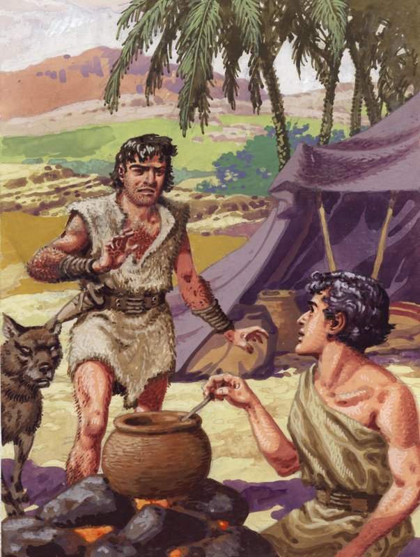 Esaú pidiendo comida a su hermano Jacob (gouache sobre papel) de Pat (1907 95) Nicolle