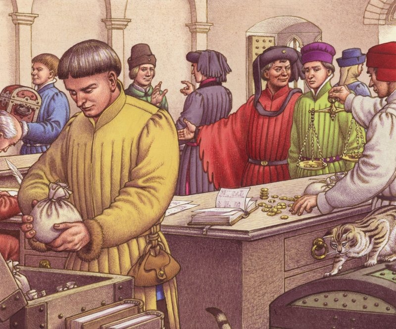 Banco florentino a principios del siglo XV (gouache sobre papel) de Pat (1907 95) Nicolle