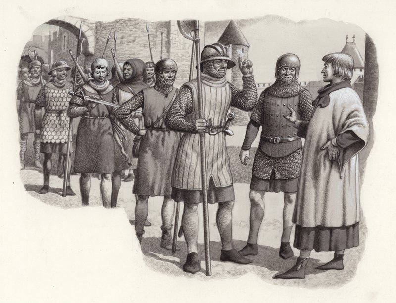Soldados de infantería del siglo XIV (gouache sobre papel) de Pat (1907 95) Nicolle