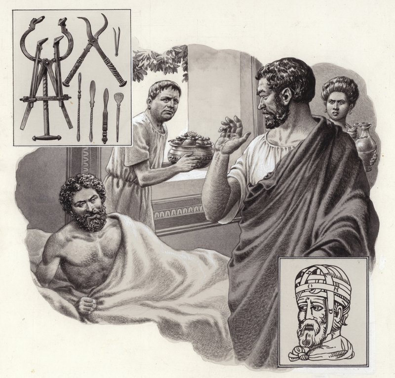 El médico Galeno arriesga su vida al decirle a un emperador romano que ha estado comiendo en exceso (gouache sobre papel) de Pat (1907-95) Nicolle