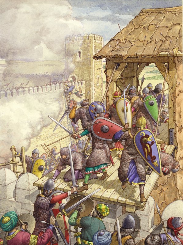 Las fuerzas de Godofredo de Bouillon abren una brecha en las murallas de Jerusalén (gouache sobre papel) de Pat (1907 95) Nicolle