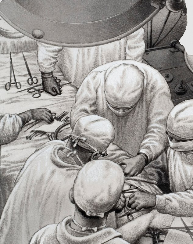 Cirugía cardíaca, de la que fueron pioneros hombres como el profesor Christiaan Barnard (gouache sobre papel) de Pat (1907 95) Nicolle