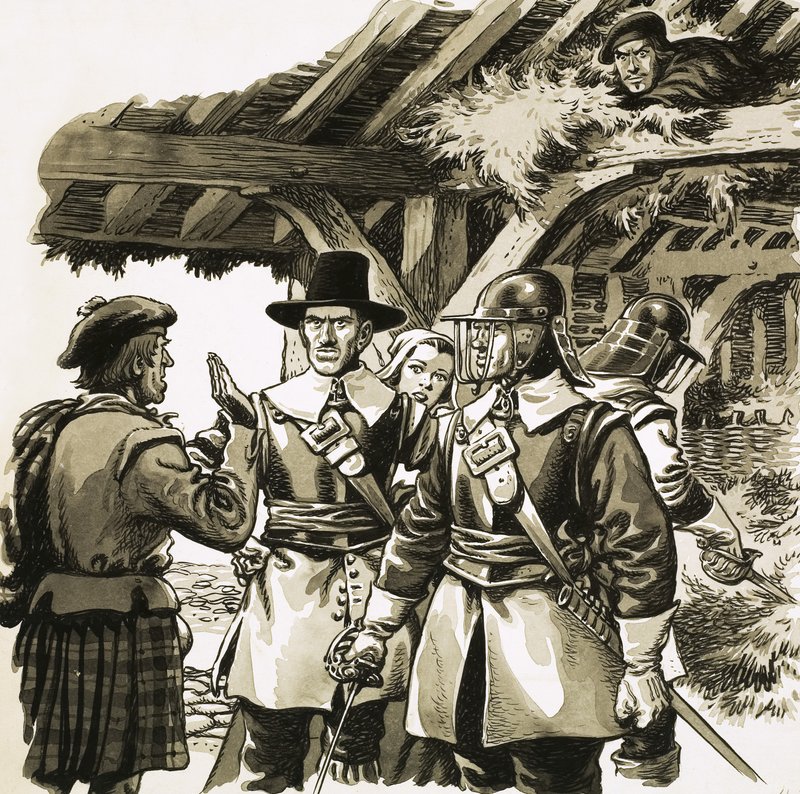 Escondido en el pajar de un campesino, el marqués de Montrose escuchó cómo los soldados lo buscaban... de Pat (1907 95) Nicolle