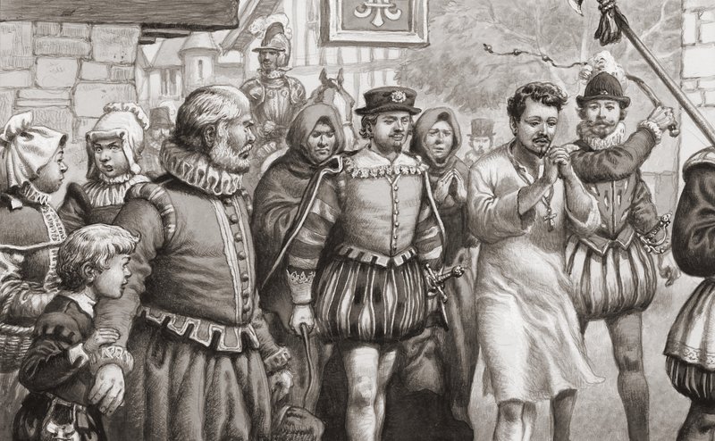 El rey Enrique III de Francia hace penitencia paseando por las calles de París en cilicio mientras es azotado (gouache sobre papel) de Pat (1907 95) Nicolle
