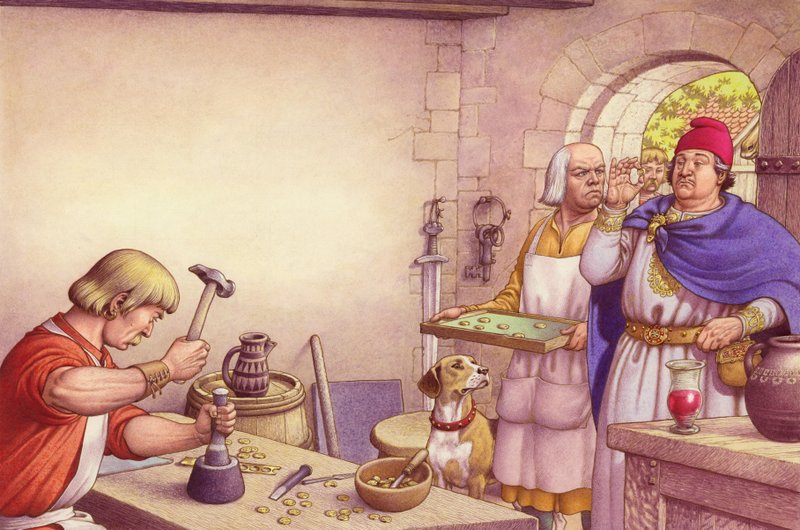 El rey Offa examina las monedas fabricadas en la Real Casa de la Moneda de Mercia (gouache sobre papel) de Pat (1907-95) Nicolle