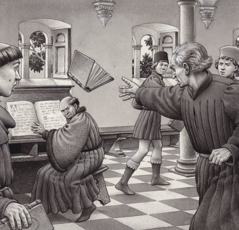 Poggio Bracciolini lanza un libro a un compañero, Tortelli (gouache sobre papel) de Pat (1907 95) Nicolle
