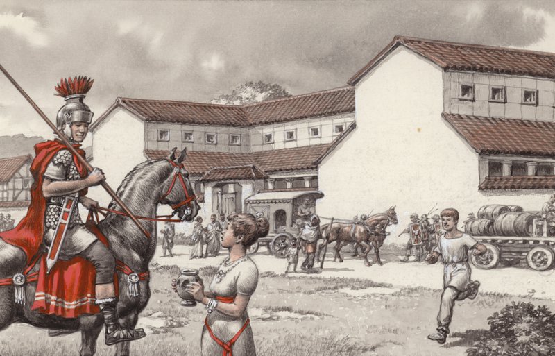 Casa de postas en la Bretaña romana (gouache sobre papel) de Pat (1907 95) Nicolle