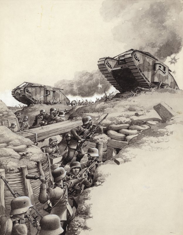 Tanques ruedan sobre trincheras alemanas durante la Gran Guerra (gouache sobre papel) de Pat (1907 95) Nicolle