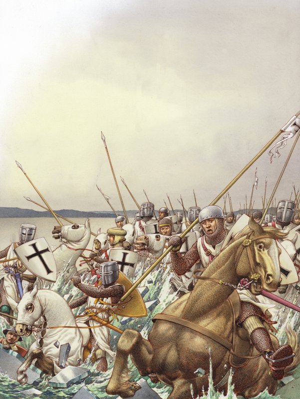 Caballeros teutones caen a través del hielo del helado lago Peipus (gouache sobre papel) de Pat (1907 95) Nicolle