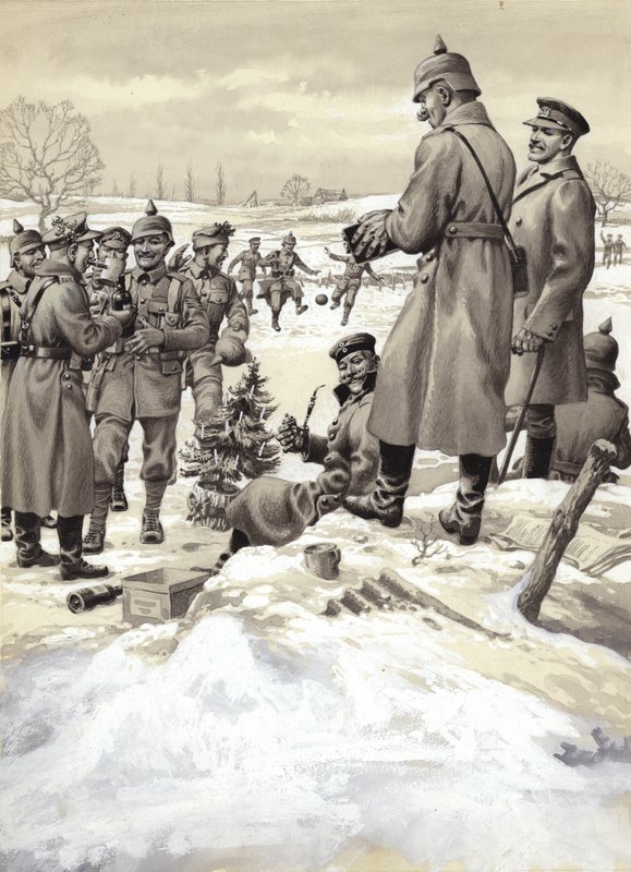El armisticio del día de Navidad (gouache sobre papel) de Pat (1907-95) Nicolle