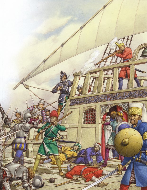 Los Caballeros de San Juan se apoderan del mejor galeón de Turquía, la Sultana (gouache sobre papel) de Pat (1907-95) Nicolle