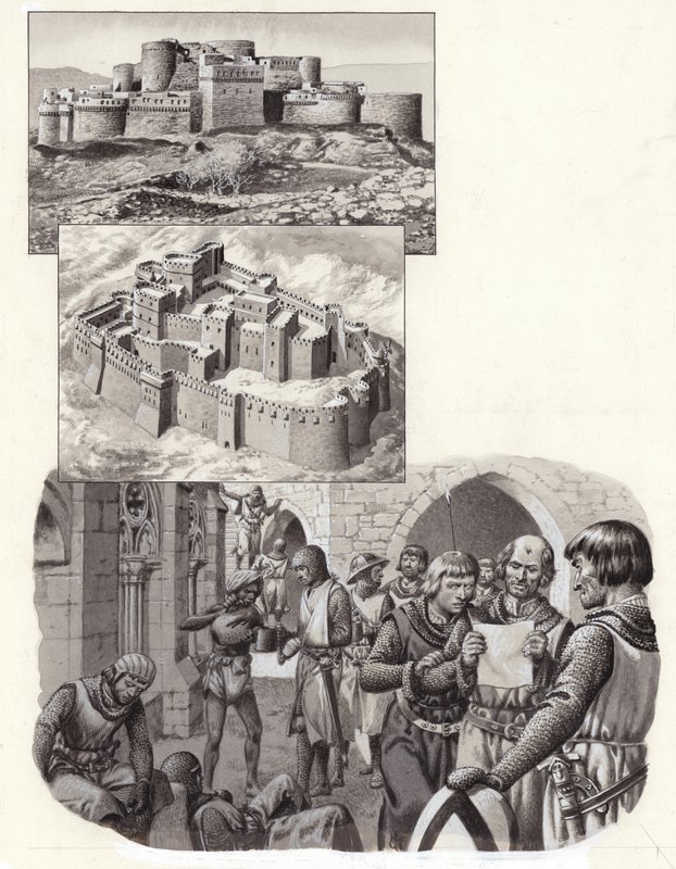 La fortaleza de Krak des Chevaliers (gouache sobre papel) de Pat (1907-95) Nicolle
