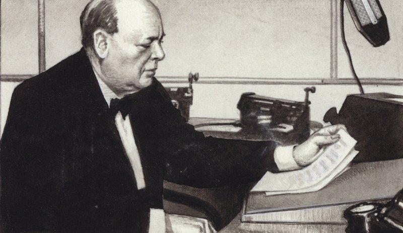 Winston Churchill hace una de sus famosas transmisiones por radio en tiempos de guerra (gouache sobre papel) de Pat (1907 95) Nicolle
