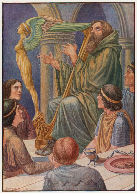 El Dagda cogía su arpa y tocaba unos acordes (litografía en color) de Patten Wilson