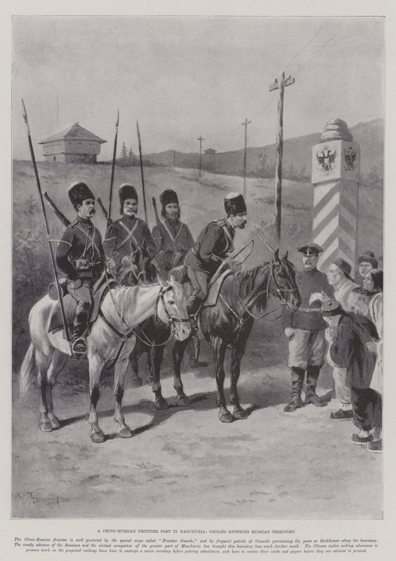 Un puesto fronterizo chino-ruso en Manchuria, Coolies entrando en territorio ruso de Paul Frenzeny