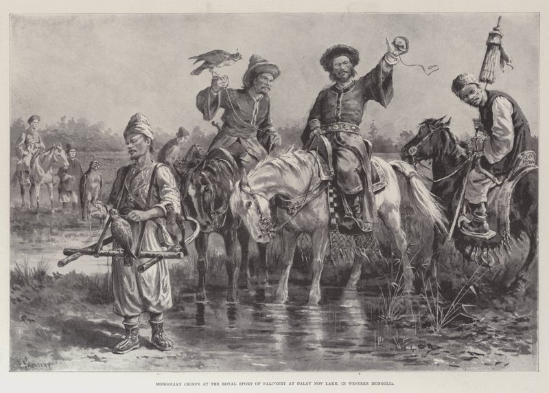 Jefes mongoles en el deporte real de la cetrería en el lago Dalay Nov, en Mongolia occidental de Paul Frenzeny