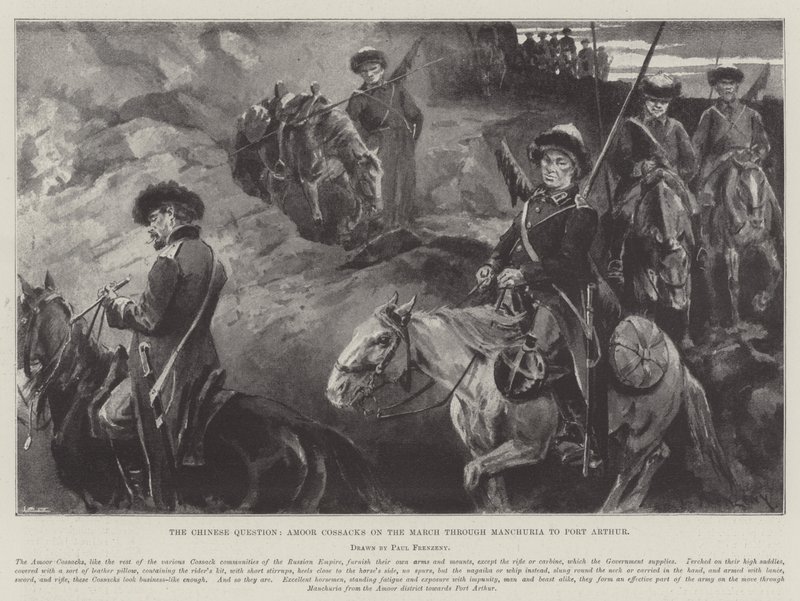 La cuestión china, cosacos de Amoor en marcha por Manchuria hacia Port Arthur de Paul Frenzeny