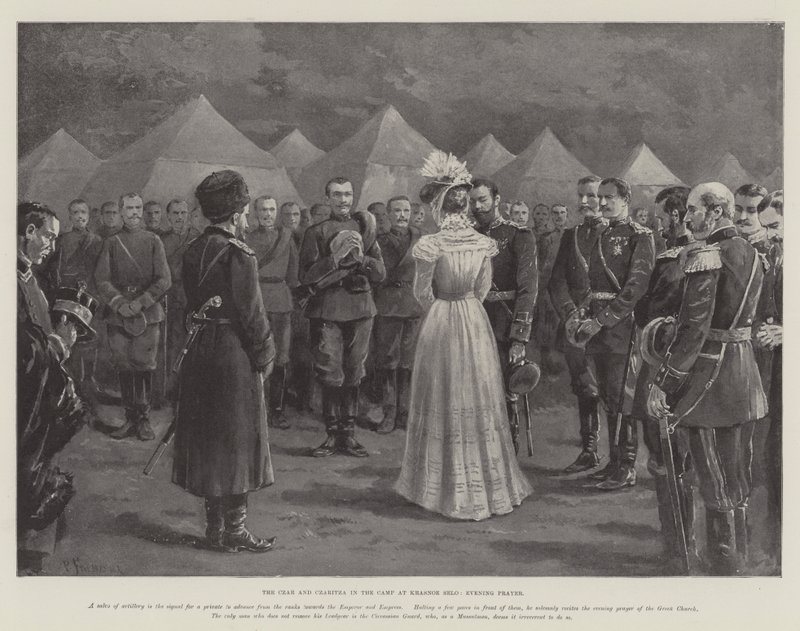 El Zar y la Zarina en el Campamento en Krasnoe Selo, Oración Vespertina de Paul Frenzeny