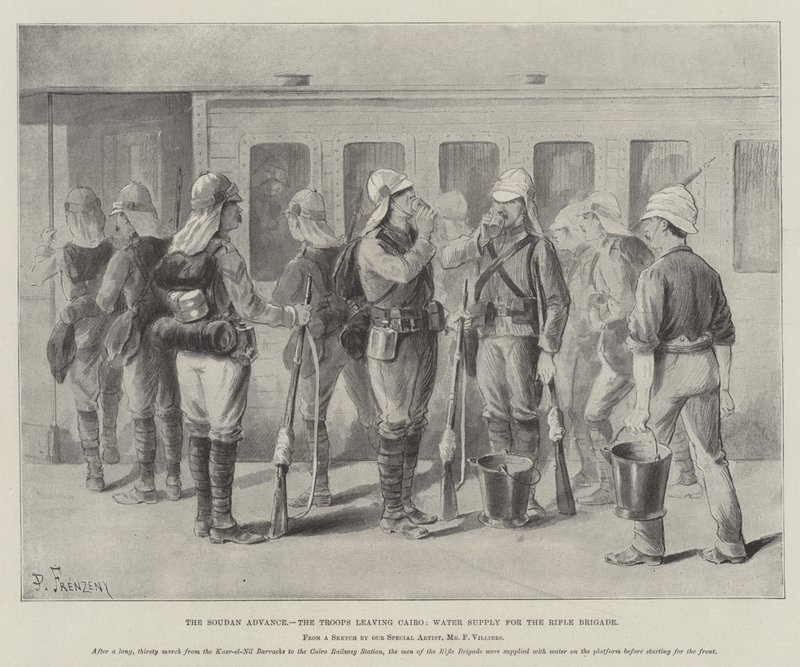 El Avance en Sudán, las Tropas saliendo de El Cairo, Suministro de Agua para la Brigada de Fusileros de Paul Frenzeny