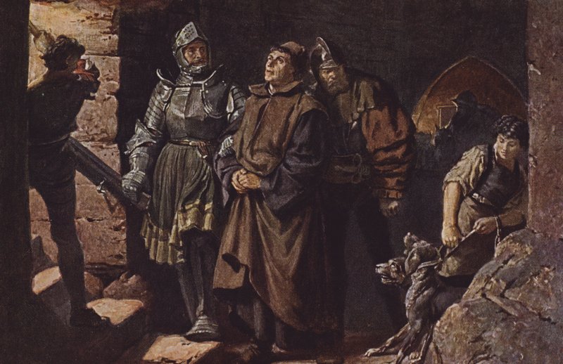 Hans von Berlepsch y Burckhardt Hund von Wenckheim escoltan a Martín Lutero al Castillo de Wartburg de Friedrich Paul Thumann