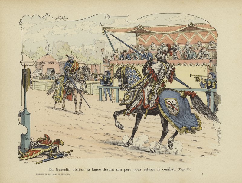 Bertrand du Guesclin baja su lanza ante su padre para significar su negativa a luchar contra él, Rennes, 1337 de Paul de Semant