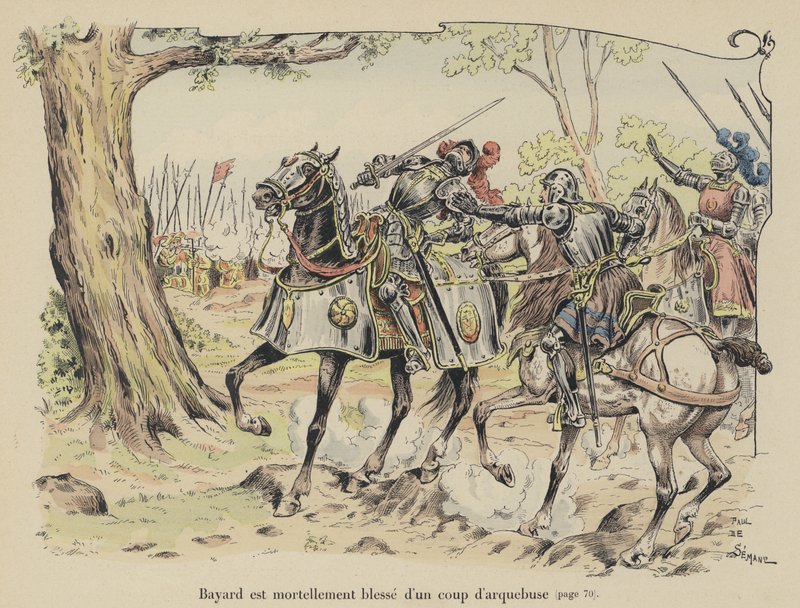 El caballero de Bayard mortalmente herido por una bala de arcabuz en la Batalla de la Sesia, Italia, 1524 de Paul de Semant
