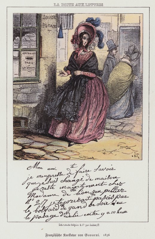 Mujer yendo a enviar una carta, caricatura francesa de Paul (after) Gavarni