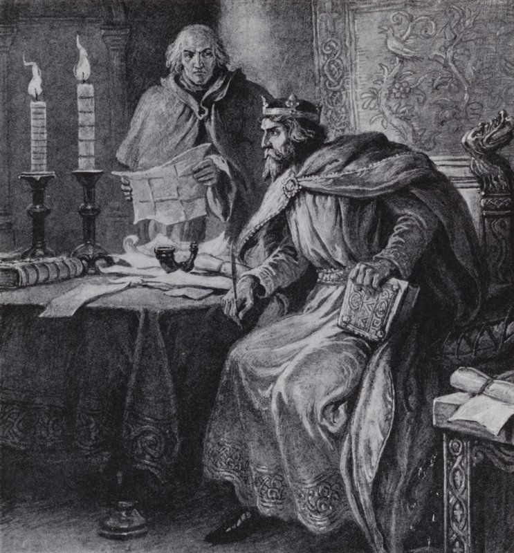 Alfredo el Grande, Rey de Wessex, y sus relojes de vela (litografía) de Paul (after) Hardy