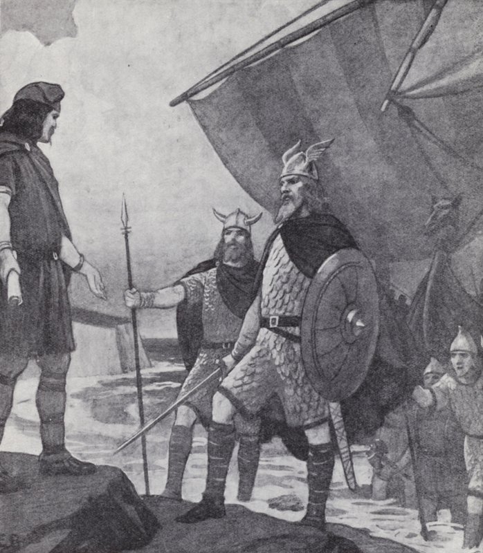 Hermanos Hengist y Horsa llegando a Ebbsfleet, Isla de Thanet, Kent, durante la invasión de los anglos, sajones y jutos en el siglo V (litografía) de Paul (after) Hardy