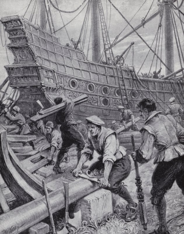 Construcción del galeón inglés Ark Royal, el buque insignia en la lucha contra la Armada Española en 1588 de Paul (after) Hardy