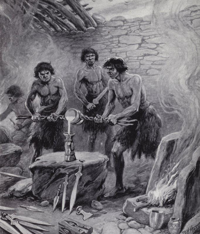 Hombres trabajando en una fundición durante la Edad del Bronce (litografía) de Paul (after) Hardy