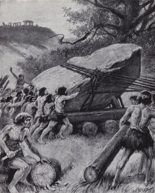 Hombres paleolíticos moviendo una losa gigante sobre ruedas (litografía) de Paul (after) Hardy