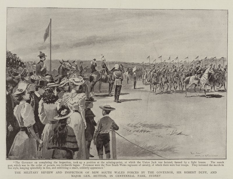 La revisión militar e inspección de las fuerzas de Nueva Gales del Sur por el gobernador, Sir Robert Duff, y el mayor general Hutton, en el Parque Centenario, Sídney de Paul Destez