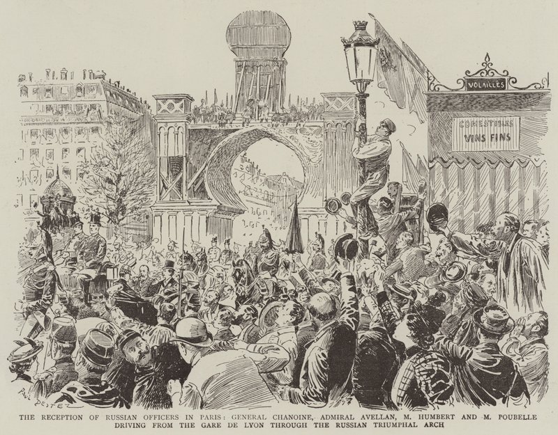La recepción de oficiales rusos en París, General Chanoine, Almirante Avellan, M. Humbert y M. Poubelle conduciendo desde la Gare de Lyon a través del Arco Triunfal Ruso de Paul Destez