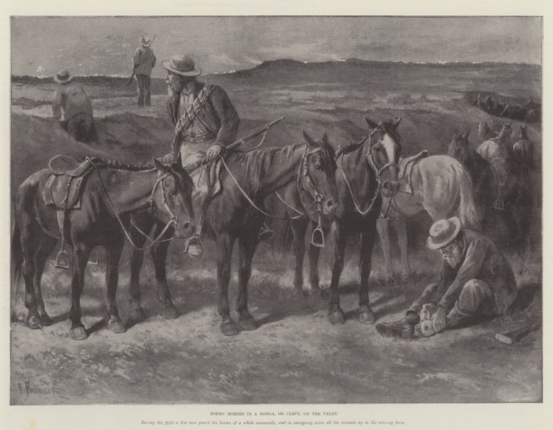 Caballos bóers en una donga, o grieta, en el veldt de Paul Frenzeny