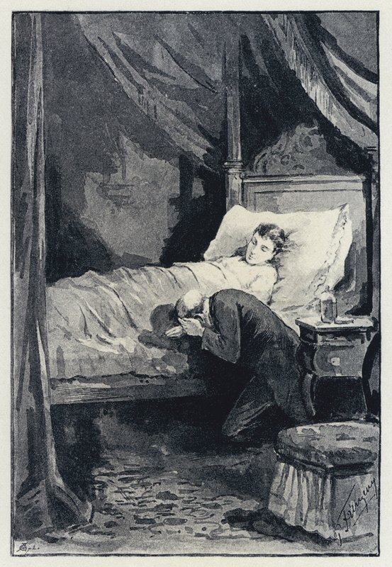 Ilustración para Anna Karenina: Karenina en la cámara de Anna durante su enfermedad de Paul Frenzeny